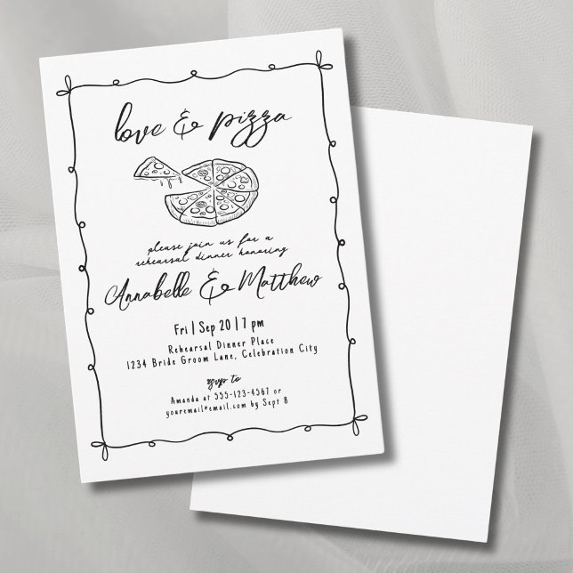 Invitación Cena de Ensayo de Boda de Pizza con Amor Dibujado  (Hand Drawn Love Pizza Wedding Rehearsal Dinner Invitation)