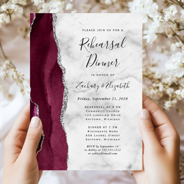 Invitación Cena de ensayo de Boda de plata de borgoña (Subido por el creador)