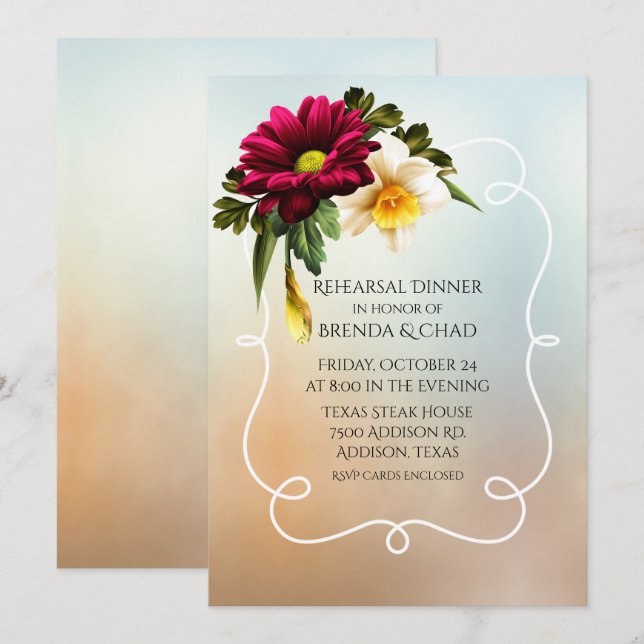 Invitación Cena de ensayo de Boda de primavera en flor (Anverso / Reverso)