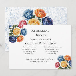 Invitación Cena de Ensayo de Boda de Rosa Azul y Naranja