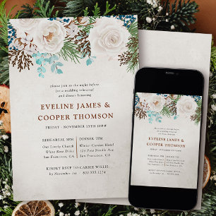 Invitación Cena de Ensayo de Boda de Rosa Blanca de Invierno