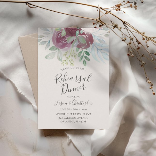 Invitación Cena de ensayo de boda de rosa borgoña rústica (Subido por el creador)