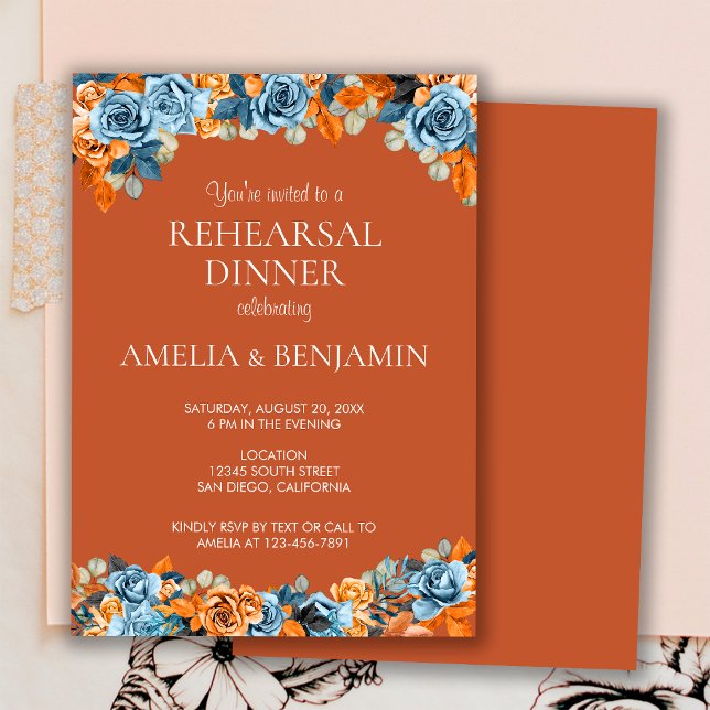 Invitación Cena de ensayo de boda de terracota rust azul mari (Subido por el creador)