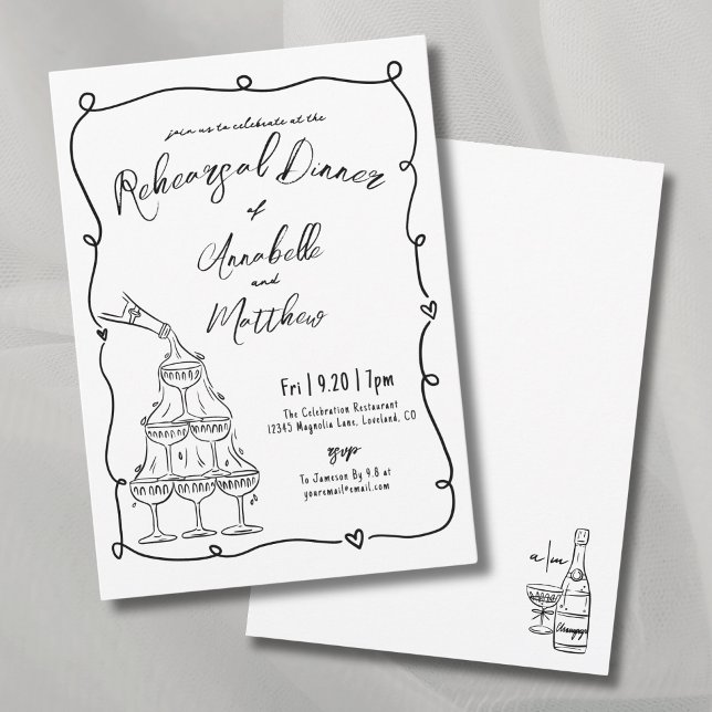 Invitación Cena de Ensayo de Boda Dibujada a Mano con Caprich (Whimsical Hand Drawn Wedding Rehearsal Dinner Invitation)
