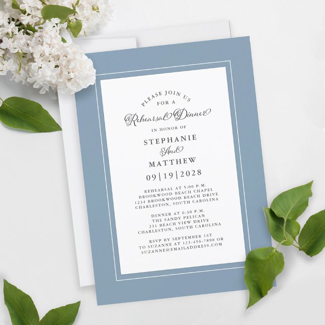 Invitación Cena de ensayo de boda elegante en blanco azul pol (Subido por el creador)