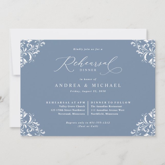 Invitación Cena de Ensayo de Boda Elegante Polvo Azul (Anverso)