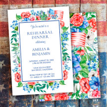 Cena de ensayo de boda elegante roja blanca y azul