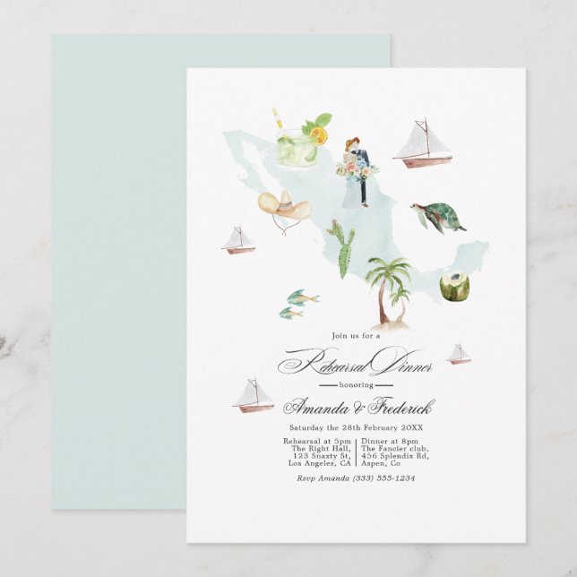 Invitación Cena de Ensayo de Boda en México (Anverso / Reverso)