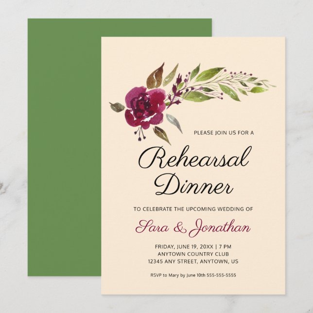 Invitación Cena de ensayo de boda floral de Marsala Borgoña (Anverso / Reverso)