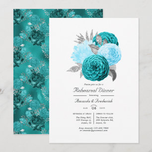 Invitación Cena de ensayo de boda floral de plata y azul verd