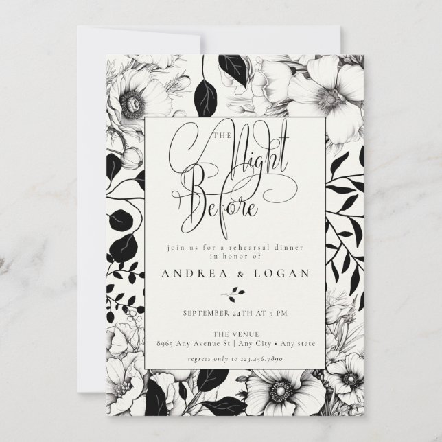 Invitación Cena de ensayo de Boda floral negro (Anverso)