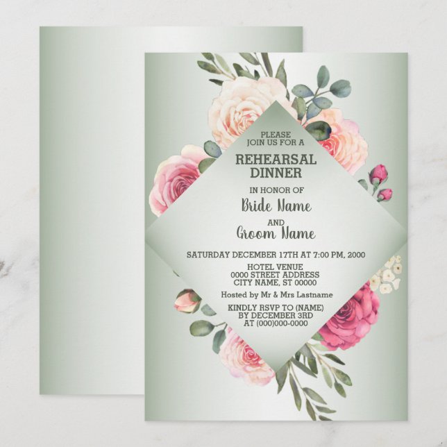Invitación Cena de ensayo de boda floral rosa rústica verde (Anverso / Reverso)