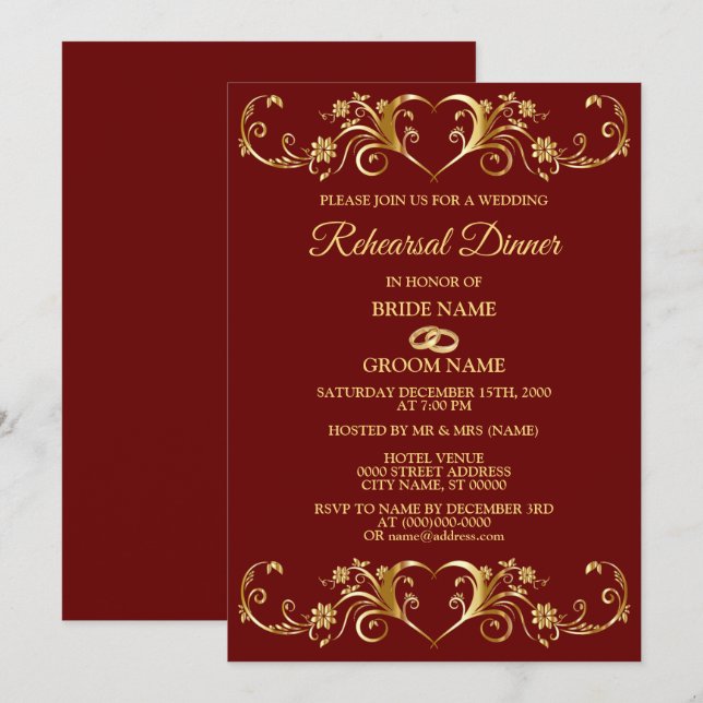 Invitación Cena de ensayo de boda geométrica dorada roja (Anverso / Reverso)