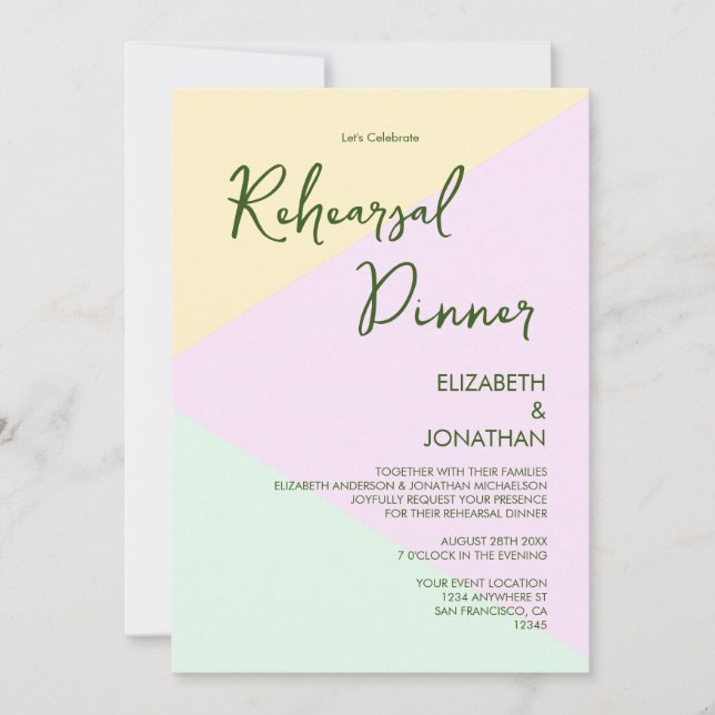 Invitación Cena de ensayo de boda geométrica pastel silenciad (Anverso)