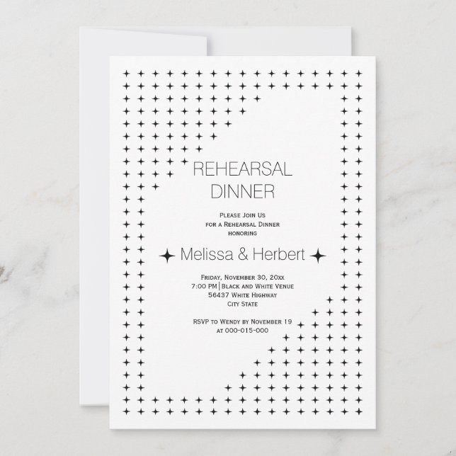 Invitación Cena de ensayo de boda geométrico y blanco negro (Anverso)