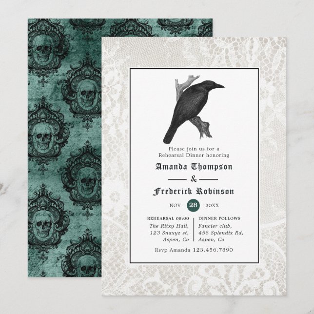 Invitación Cena de ensayo de boda gótica de cráneo y encaje (Anverso / Reverso)
