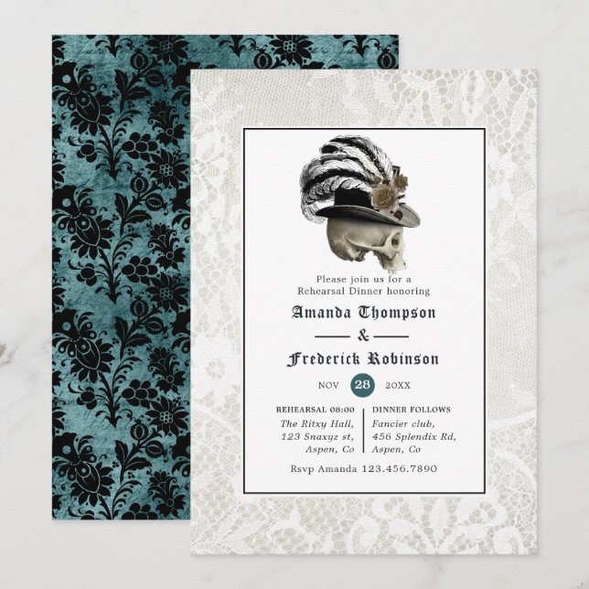 Invitación Cena de ensayo de boda gótica de Damasco y encaje (Anverso / Reverso)