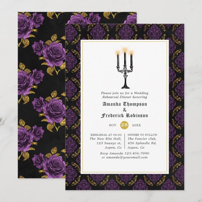 Invitación Cena de ensayo de boda gótica de oro y púrpura (Anverso / Reverso)