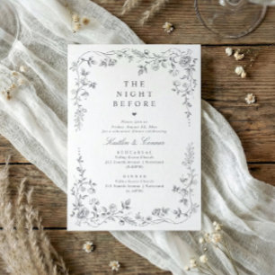 Invitación Cena de Ensayo de Boda Gris Floral Toile Vintage