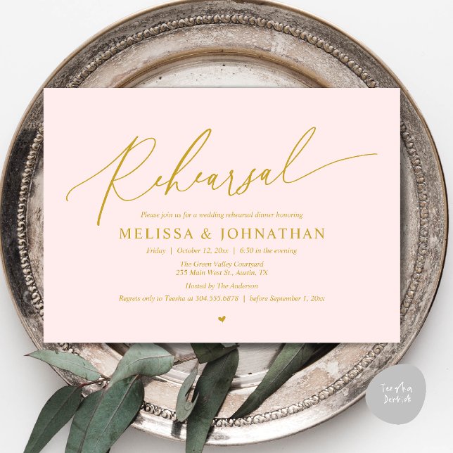 Invitación Cena de Ensayo de Boda Íntima Romántica Moderna (Modern Romantic Intimate Wedding Rehearsal Dinner Invitation Card in Gold Blush)