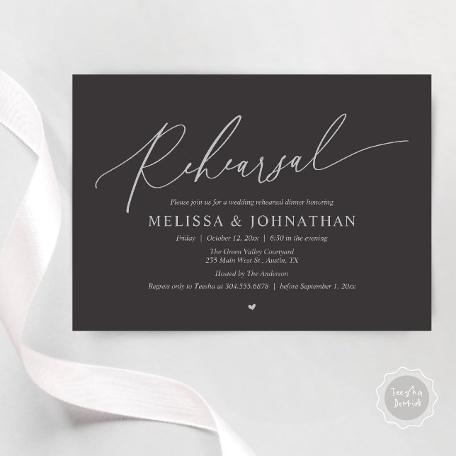Invitación Cena de Ensayo de Boda Íntima Romántica Moderna (Modern Romantic Intimate Wedding Rehearsal Dinner Invitation Card in Charcoal SIlver)