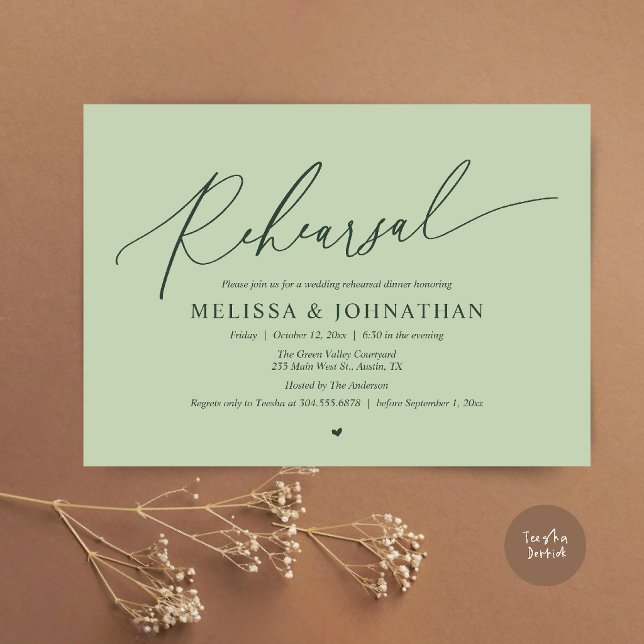 Invitación Cena de Ensayo de Boda Íntima Romántica Moderna (Modern Romantic Intimate Wedding Rehearsal Dinner Invitation Card in Eucalyptus Sage Green)