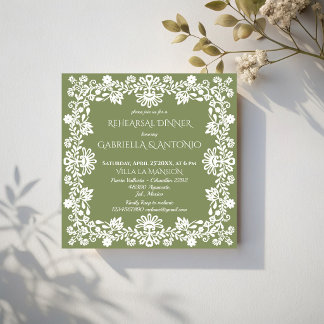 Invitación cena de ensayo de boda mexicana verde sage Talaver