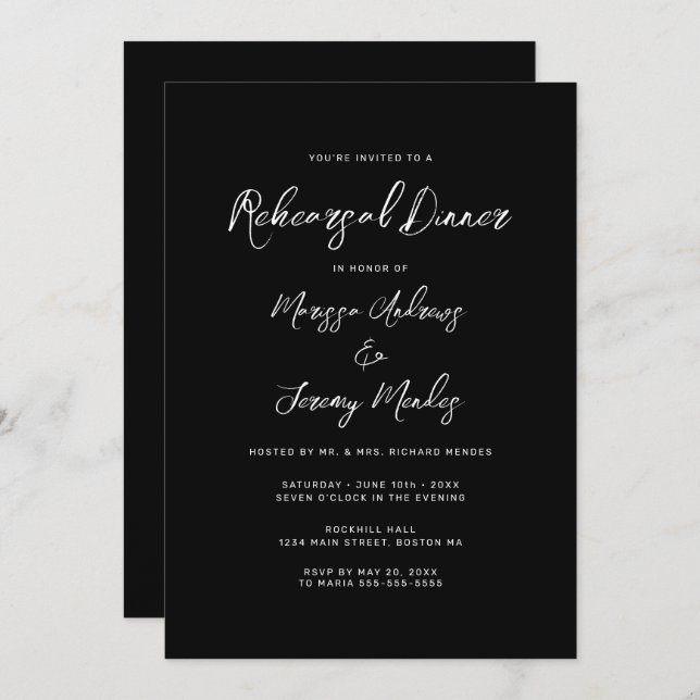 Invitación Cena de ensayo de boda moderna en blanco y negro (Anverso / Reverso)