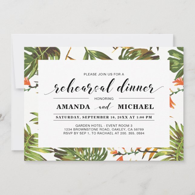 Invitación Cena de ensayo de boda moderna simple tropical (Anverso)