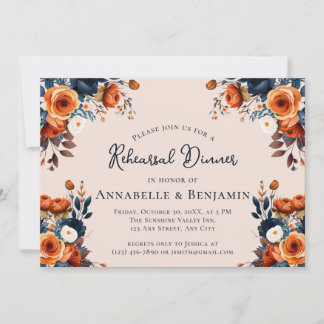 Invitación Cena de ensayo de boda naranja quemada y azul mari