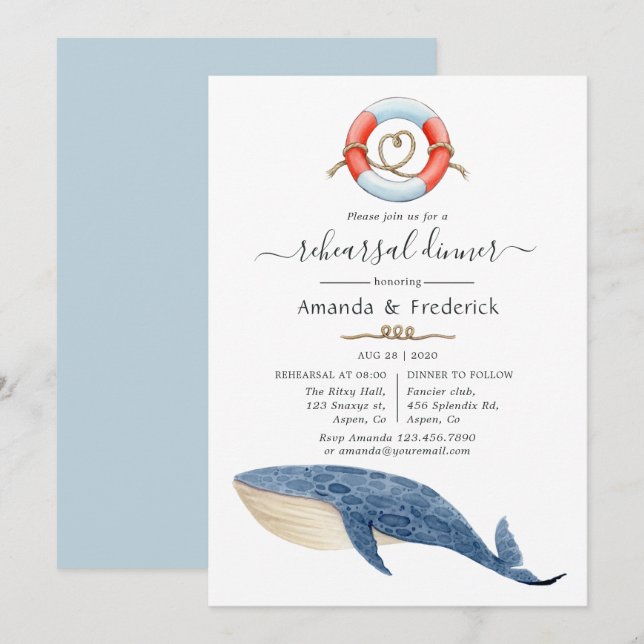 Invitación Cena de ensayo de boda náutica de ballena (Anverso / Reverso)