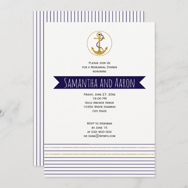 Invitación Cena de ensayo de boda náutico con ancla de oro (Anverso / Reverso)