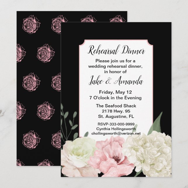 Invitación Cena de ensayo de boda negra chic (Anverso / Reverso)