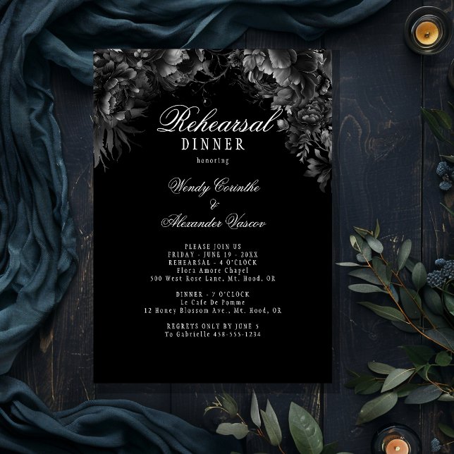 Invitación Cena de ensayo de Boda negro gótico clásico (Subido por el creador)
