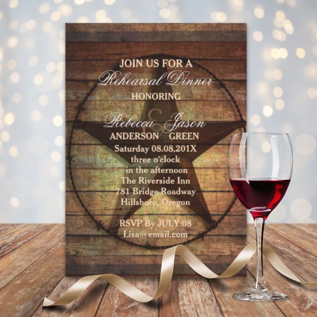 Invitación cena de ensayo de boda occidental con estrella de  (rustic texas star western wedding rehearsal dinner invitation)