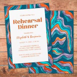 Invitación Cena de Ensayo de Boda Retro Groovy Ondulada Azul