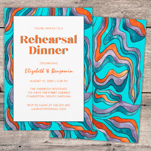 Invitación Cena de Ensayo de Boda Retro Groovy Ondulada Turqu