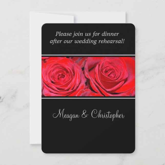 Invitación Cena de ensayo de Boda rojo rosa negro plateado (Anverso)