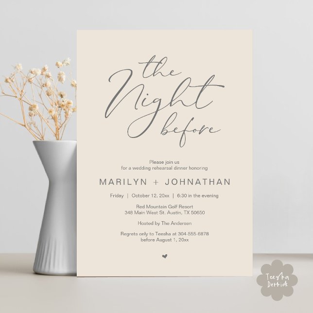 Invitación Cena de ensayo de boda romántica la noche anterior (Romantic The Night Before Modern Wedding Rehearsal Dinner Invitation Card PDF Aesthetic Cream Grey)