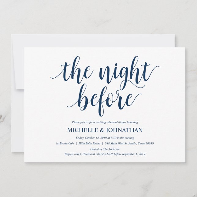 Invitación Cena de ensayo de Boda ruso, azul marino (Anverso)