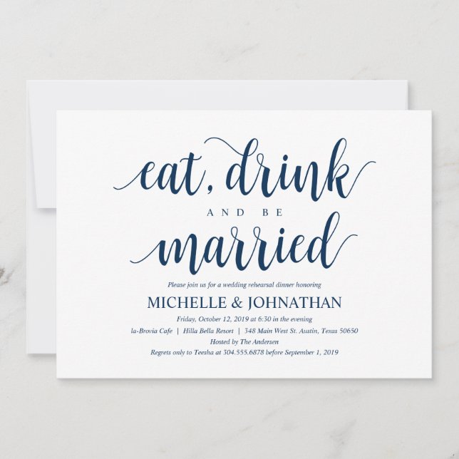 Invitación Cena de ensayo de Boda ruso, azul marino (Anverso)