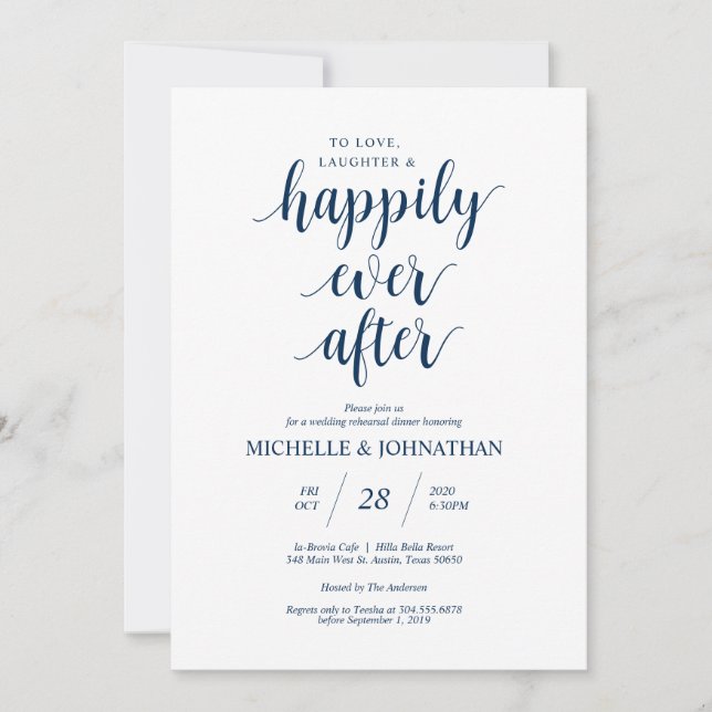 Invitación Cena de ensayo de Boda ruso, azul marino (Anverso)