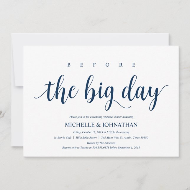 Invitación Cena de ensayo de Boda ruso, azul marino (Anverso)