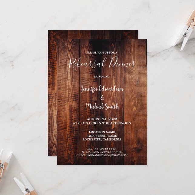 Invitación Cena de ensayo de boda rústica de madera de graner (Anverso/Reverso In Situ)