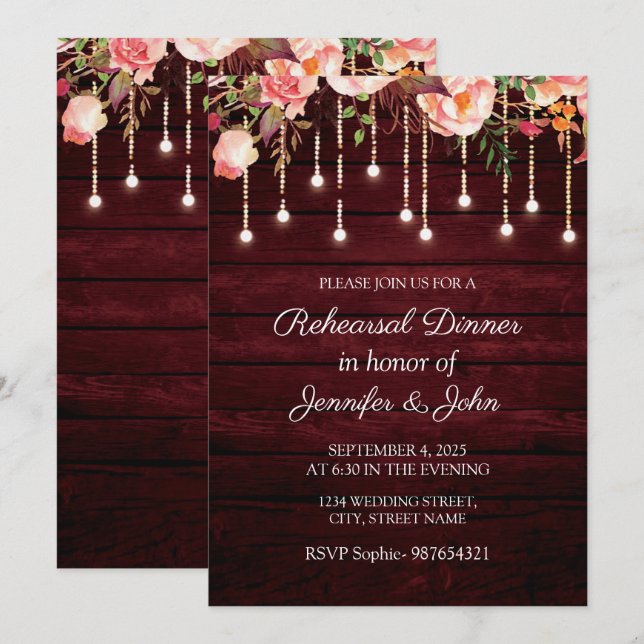 Invitación Cena de ensayo de boda rústica de madera granate (Anverso / Reverso)