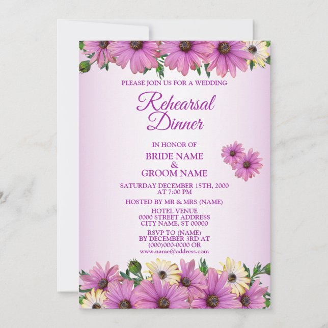 Invitación Cena de ensayo de boda rústica floral amarilla ros (Anverso)