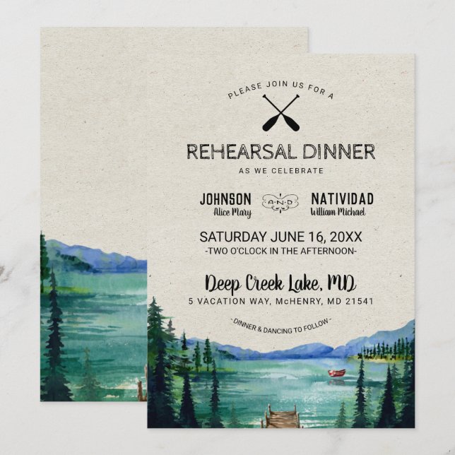 Invitación Cena de ensayo de boda rústica junto al lago (Anverso / Reverso)
