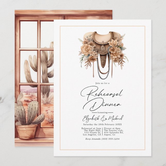 Invitación Cena de Ensayo de Boda Rústica Occidental (Anverso / Reverso)