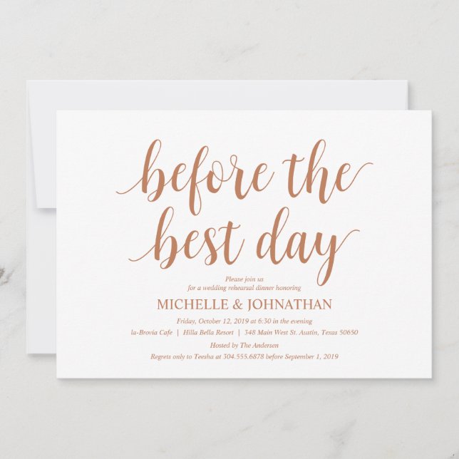 Invitación Cena de ensayo de Boda rústico, cobre moderno (Anverso)