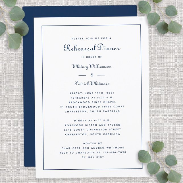 Invitación Cena de Ensayo de Boda Script Elegante Azul Blanco (Rehearsal Dinner Wedding Elegant Script Blue White Invitation)